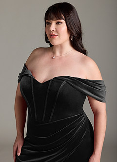 Azazie Jas Jurken voor bruidsmeisjes Converteerbaar Jurk van flueel met Kolom Off-the-shoulder korset Zwart image15