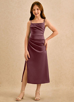Azazie Canna Girls Formal Sukienki dla dziewczynek sypiących kwiaty Linia A Pofałdowany Satyna elastyczna Długość herbaty Sukienka image4