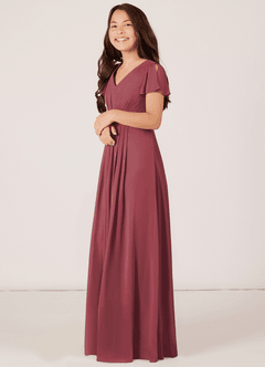 Azazie Peony Junior Merlot A-Line Pleated Chiffon Dress image3