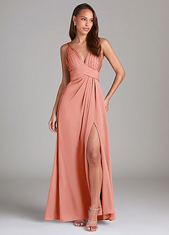 Azazie Maren Allure Bridesmaid Dresses Coral A-Line Lace Stretch Satin Dress image3