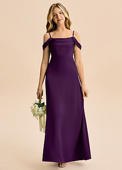 Azazie Lettie Junior Grape A-Line Off the Shoulder Stretch Satin Dress image2
