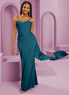 Barbie ♥ Azazie Vestidos de damas de honor Vestido de Azul Tinta de Satén Elástico de Corte Recto Convertible con Sin tirantes image3