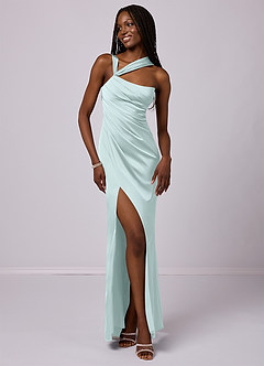 Barbie ♥ Azazie Robes de demoiselle d'honneur Robe Sirène en Satin extensible Ue épaule Verre De Mer image3