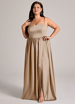 Azazie Calianna Jurken voor bruidsmeisjes Converteerbaar Jurk van Stretch Satijn met A-Lijn Off the Shoulder Taupe image9