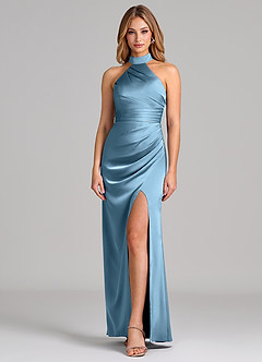 Azazie Karlotta Bridesmaid Dresses Steel Blue Sheath Pleated Stretch Satin Dress image1