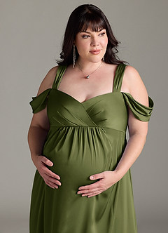Azazie Rhea Robes de demoiselle d'honneur de maternité Robe Trapèze Épaule nue plissée Longueur ras du sol Satin extensible image5
