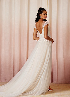 Azazie Bellisima At-home Try On Dresses Diamond White Champagne A-Line V-Neck Tulle Dress image2