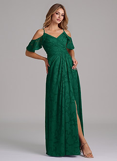 Azazie Dakota Bridesmaid Dresses Emerald A-Line Off the Shoulder Floral Burnout Dress image5