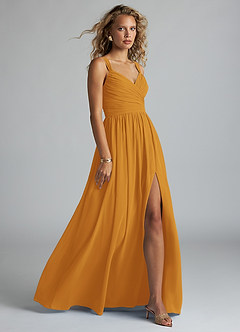 Azazie Aziza Bridesmaid Dresses Butterscotch A-Line V-Neck Pleated Chiffon Dress image3