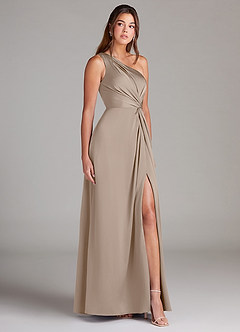 Azazie Brooke Bridesmaid Dresses Taupe A-Line One Shoulder Stretch Satin Dress image5