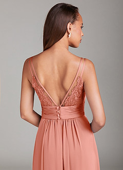 Azazie Maren Allure Bridesmaid Dresses Coral A-Line Lace Stretch Satin Dress image2