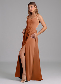 Azazie Rosaline Robes de demoiselle d'honneur Robe Trapèze en Satin extensible Fente Latérale Cuivre image5
