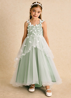 Azazie Darlina Flower Girl Dresses Ivory Dusty Sage Ball-Gown Lace Tulle Dress image5