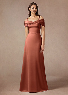 Azazie Amelia Vestidos para mãe da noiva Vestido Argila de Cetim elástico de Linha A com Fora do ombro image1