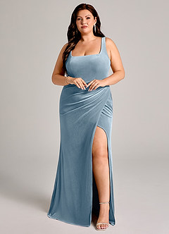 Azazie Mero Abiti da Damigella Abito Sirena in Velluto Plissettato Blu Polveroso image4