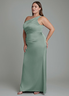 Azazie Akilah Bridesmaid Dresses Silver Sage Mermaid One Shoulder Stretch Satin Dress image11