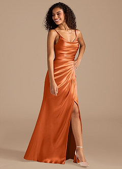 Azazie Deandra Bridesmaid Dresses Burnt Orange Mermaid Pleated Metallic Satin Dress image2