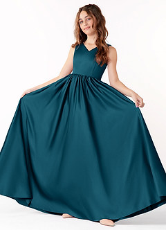 Azazie Hathaway Junior Vestido de Azul Tinta de Satén Elástico de Corte en A con Lazo image1