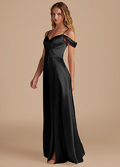 Azazie Ocean Bridesmaid Dresses Black A-Line Off the Shoulder Metallic Satin Dress image4