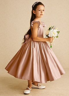 Azazie Violeta vestidos de niña de las flores Vestido de Champán Rosado de Satin Mate de Princesa con Lazo image4