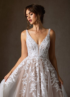 Azazie Sorella Wedding Dresses Diamond White Caramel A-Line V-Neck Sequins Tulle Dress image8
