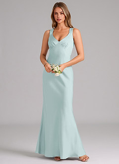 Azazie Kamila Bridesmaid Dresses Mist A-Line Pleated Stretch Satin Dress image4