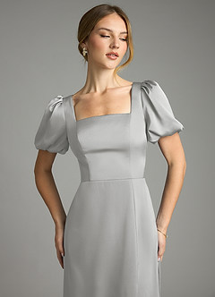 Azazie Fyona Bridesmaid Dresses Silver A-Line Pleated Stretch Satin Dress image6