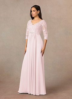 Azazie Hayek Mother of the Bride Dresses Blushing Pink A-Line V-Neck Lace Chiffon Dress image2