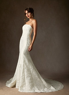 Azazie Kristella Abiti da Sposa Abito Sirena in Jacquard Floreale Senza Cinturino Bianco Antico image4