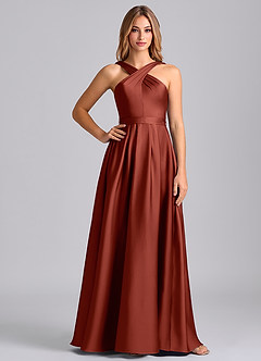 Azazie Dixie 신부 들러리 드레스 A라인 주름진 스트레치 새틴 바닥 길이 드레스 image3