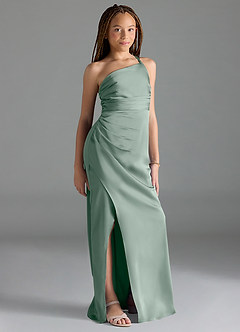 Azazie Eren Junior Silver Sage Sheath Pleated Stretch Satin Dress image4