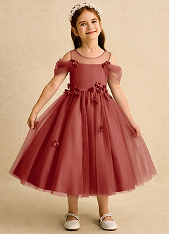 Azazie Juni Flower Girl Dresses Terracotta Ball-Gown Pleated Tulle Dress image1