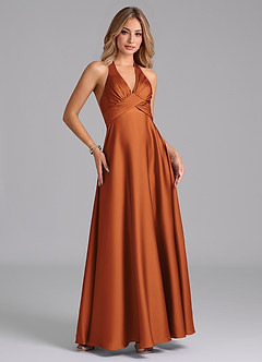 Azazie Tessie Bridesmaid Dresses Cinnamon A-Line Pleated Stretch Satin Dress image5
