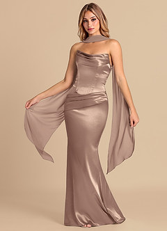 Azazie Sorrel Robes de demoiselle d'honneur Robe Sirène Convertible en Satiné métallisé Corset Taupe image1