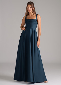 Azazie Shaude Bridesmaid Dresses Dark Navy A-Line Pleated Stretch Satin Dress image2
