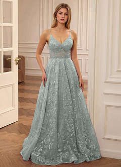 Juliette Vert Robe de bal trapèze à col en V et broderie florale à sequins image4