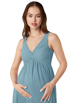 Azazie Yetta Maternity Bridesmaid Dresses A-Line V-Neck Gathered Chiffon Floor-Length Dress image6