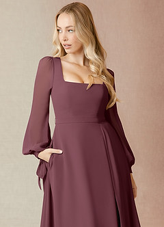 Azazie Leonia Bridesmaid Dresses Sangria A-Line Long Sleeve Chiffon Dress image6