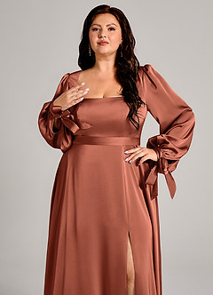 Azazie Leonia Bridesmaid Dresses Clay A-Line Long Sleeve Stretch Satin Dress image9