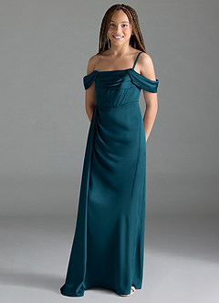 Azazie Amyra Junior Ink Blue Sheath Off the Shoulder Stretch Satin Dress image4