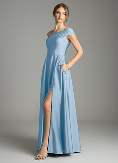 Azazie Melanie Bridesmaid Dresses Powder Blue A-Line Off the Shoulder Stretch Satin Dress image4