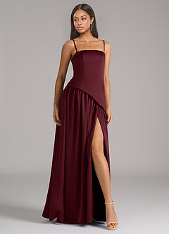 Azazie Adeline Vestidos de damas de honor Vestido de Cabernet de Satén Elástico de Corte en A Convertible con Sin tirantes image6