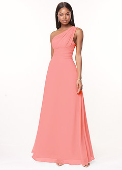 Azazie Ashley Bridesmaid Dresses Coral A-Line Ruched Chiffon Dress image1
