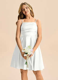 Azazie Miko Junior Robe Trapèze en Satin extensible Plissée Blanc image6