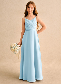 Azazie Umina Girls Formal vestidos de niña de las flores Vestido de Azul Cielo de Satin Mate de Corte en A con Plisado image5