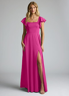 Azazie Bondi Bridesmaid Dresses Fuchsia A-Line Bow Stretch Satin Dress image4