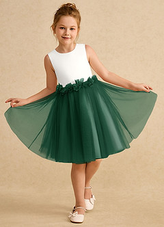 Azazie Louisa Flower Girl Dresses Ivory Dark Green A-Line Sleeveless Tulle Dress image4