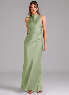 Azazie Evadne Bridesmaid Dresses Dusty Sage Sheath Pleated Stretch Satin Dress image3