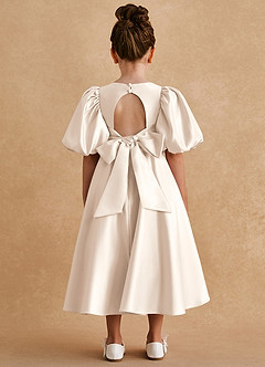 Azazie Sugarplum Flower Girl Dresses White Alabaster A-Line with Sleeves Matte Satin Dress image2