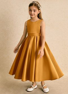 Azazie Junebuj Flower Girl Dresses Butterscotch Ball-Gown Pleated Matte Satin Dress image3